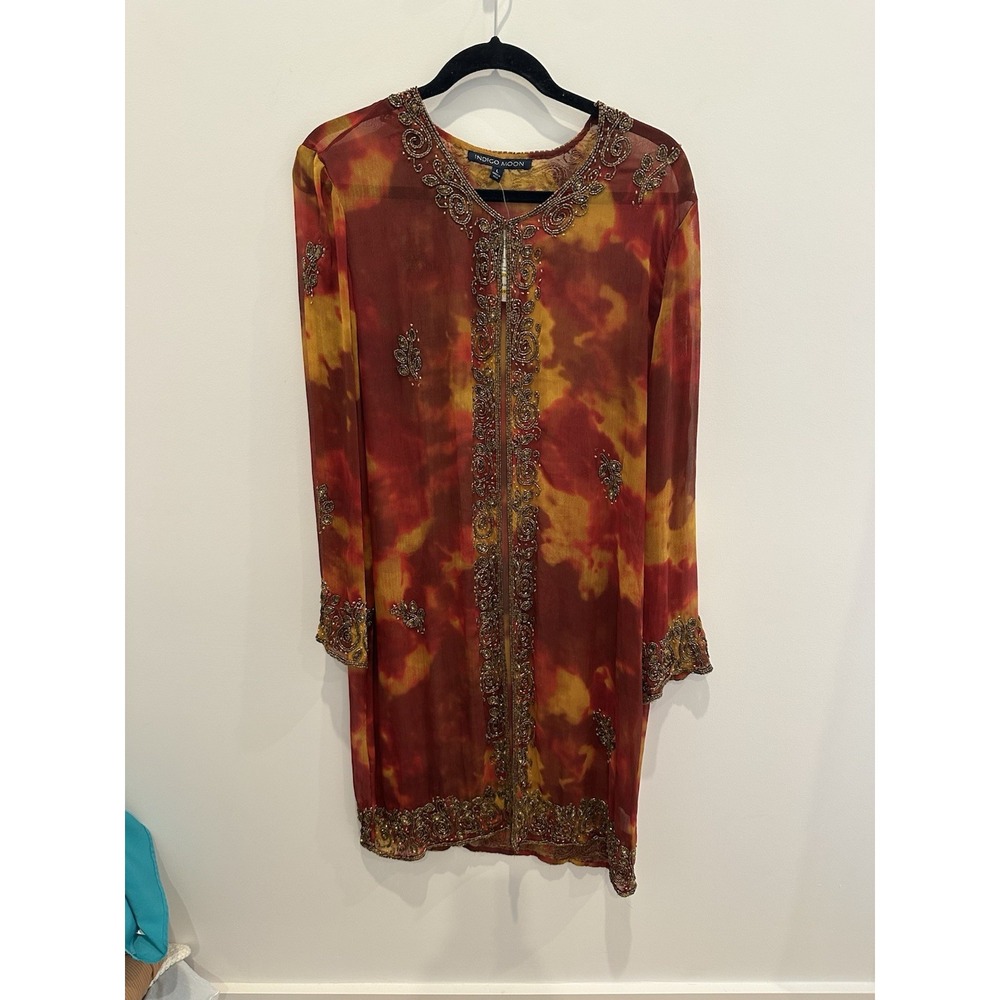 Indigo Moon Red/Gold Tie-Dye Beaded Sheer Silk Chiffon Tunic caftan- L